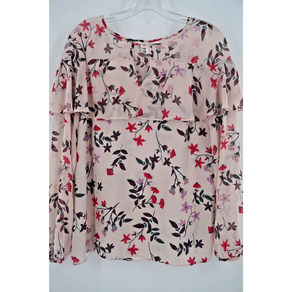 LC Lauren Conrad Blush Pink Floral Ruffle Sheer Keyhole Blouse Long Sleeve Sz L